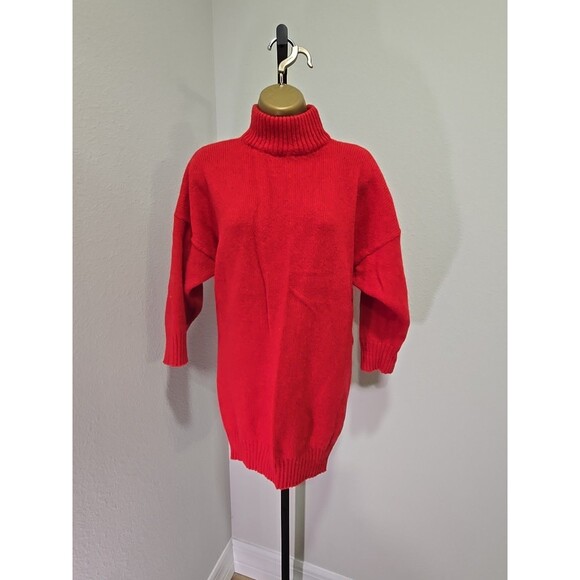 Vtg Cherry Red Shetland Wool Sweater Womens OS Mock Funnel Neck Long Fisherman - Picture 6 of 6